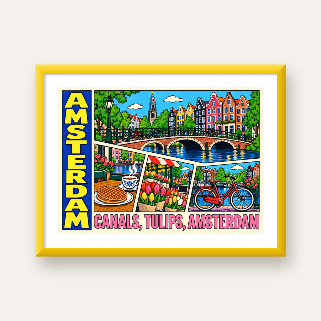 Amsterdam Temalı Renkli İllüstrasyon Poster – Modern Duvar Dekoru — sarı çerçeveli paspartulu