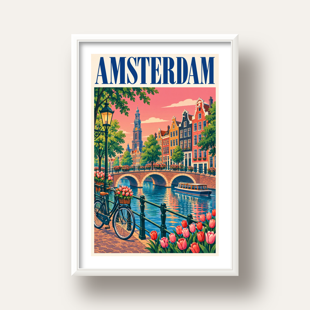 Amsterdam Kanalı ve Şehir Manzarası İllüstrasyon Poster — beyaz derin çerçeveli paspartulu