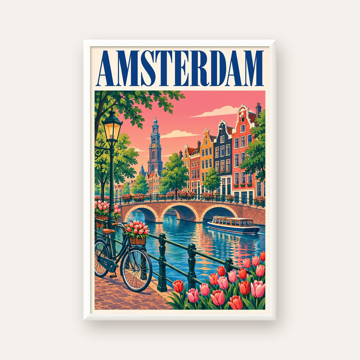 Amsterdam Kanalı ve Şehir Manzarası İllüstrasyon Poster — beyaz çerçeveli dikey poster