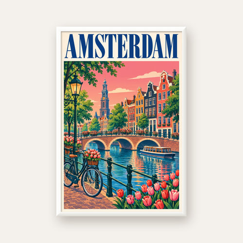 Amsterdam Kanalı ve Şehir Manzarası İllüstrasyon Poster — beyaz çerçeveli dikey poster