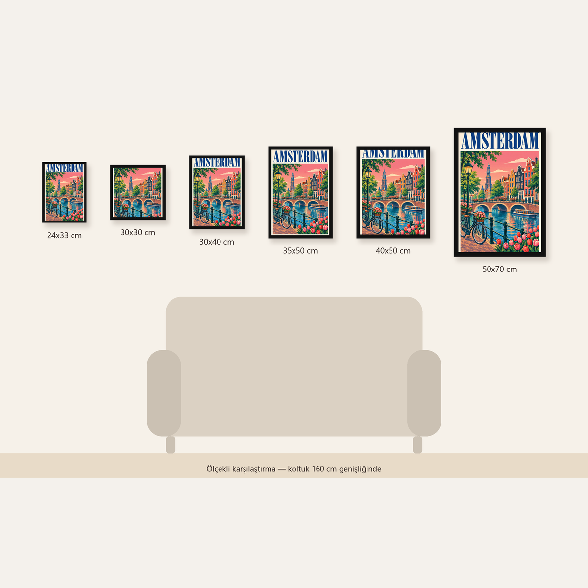 Amsterdam Kanalı ve Şehir Manzarası İllüstrasyon Poster — 24×33 cm'den 50×70 cm'e, altı ölçünün karşılaştırması