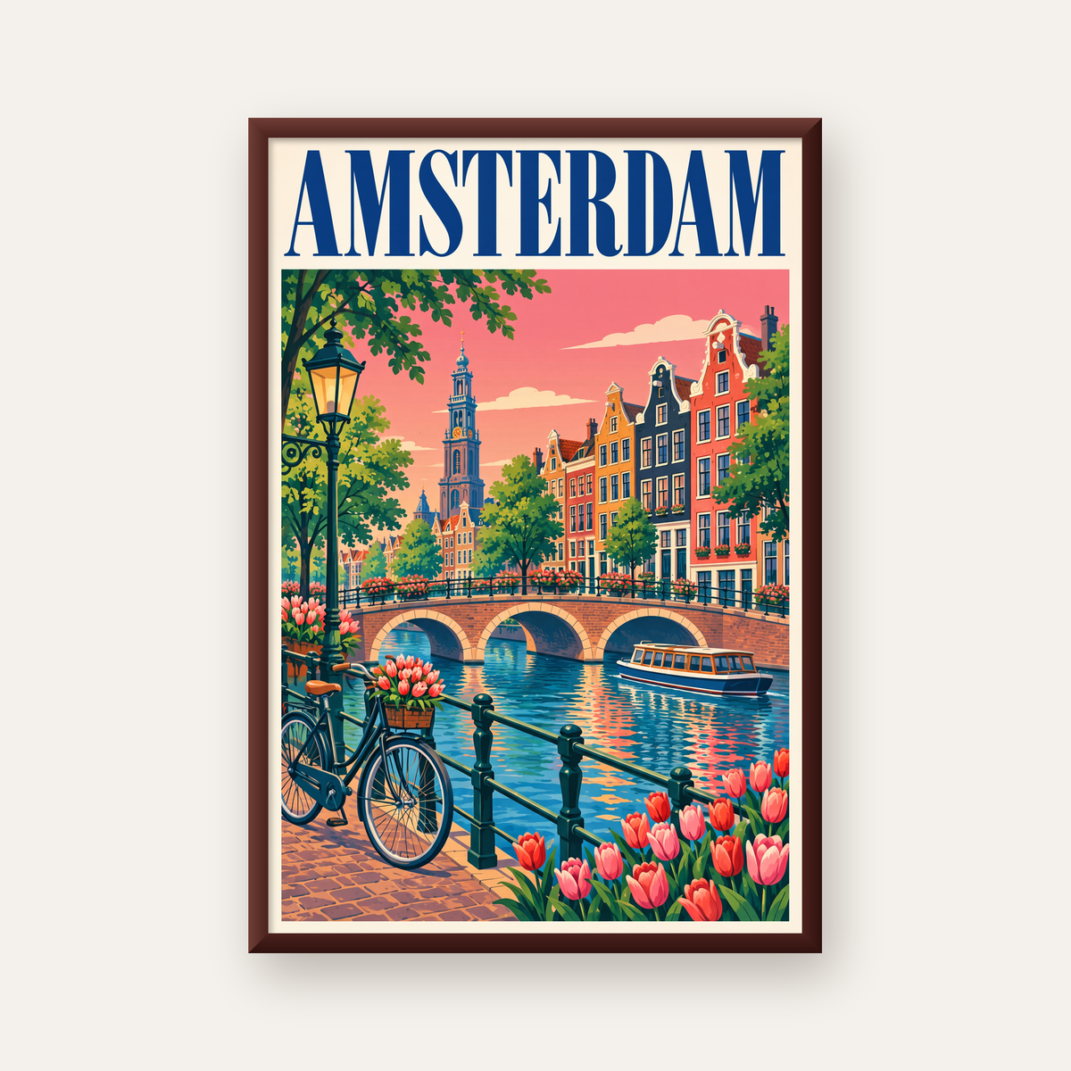 Amsterdam Kanalı ve Şehir Manzarası İllüstrasyon Poster — ceviz çerçeveli