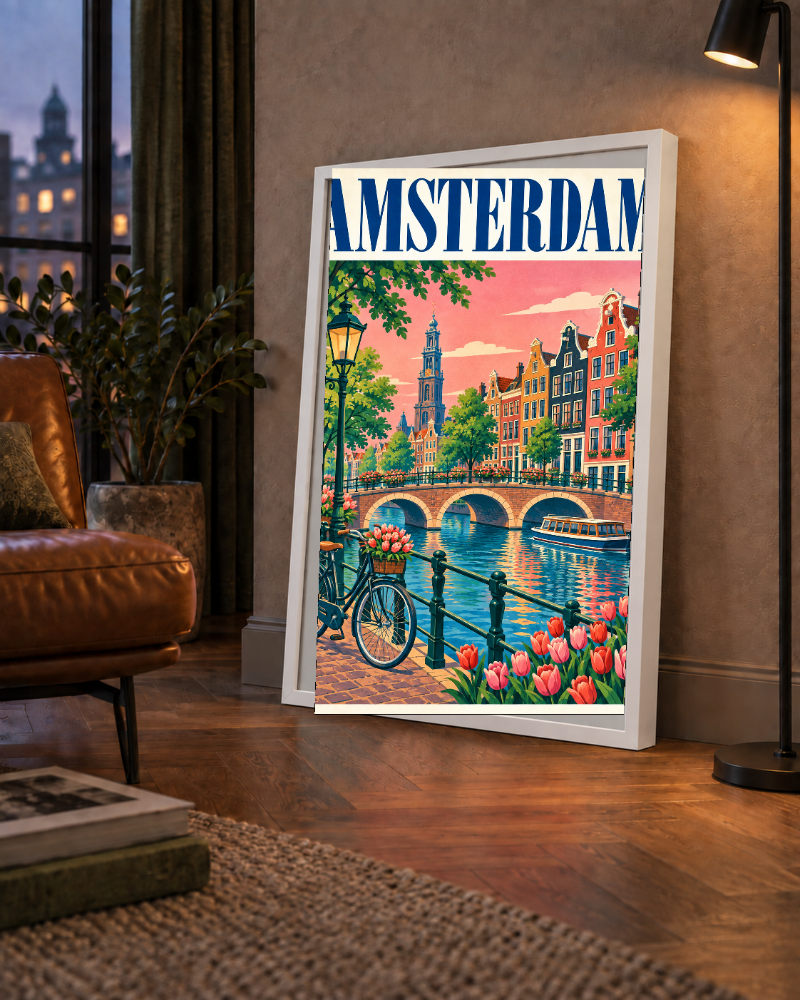 Amsterdam Kanalı ve Şehir Manzarası İllüstrasyon Poster