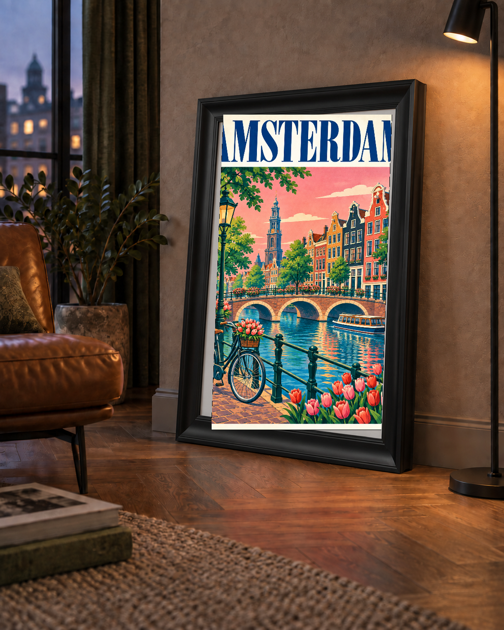 Amsterdam Kanalı ve Şehir Manzarası İllüstrasyon Poster