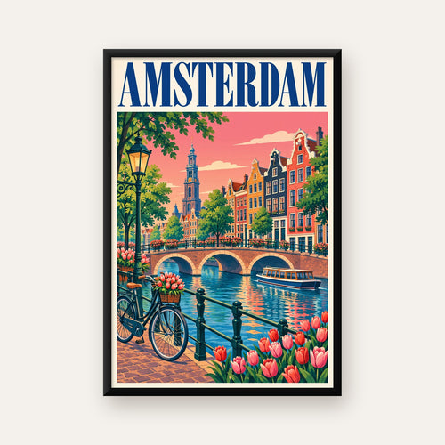 Amsterdam Kanalı ve Şehir Manzarası İllüstrasyon Poster — ceviz çerçeveli