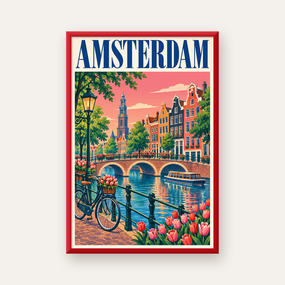 Amsterdam Kanalı ve Şehir Manzarası İllüstrasyon Poster — kırmızı çerçeveli