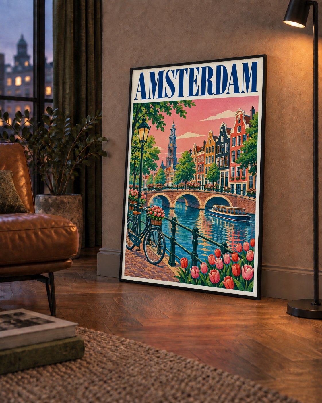 Amsterdam Kanalı ve Şehir Manzarası İllüstrasyon Poster — çerçeveli hâliyle bir ev duvarında