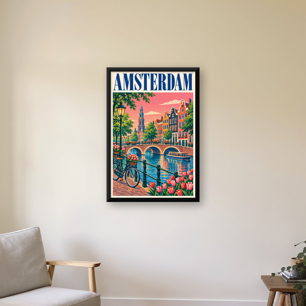 Amsterdam Kanalı ve Şehir Manzarası İllüstrasyon Poster — çerçeveli hâliyle bir ev duvarında