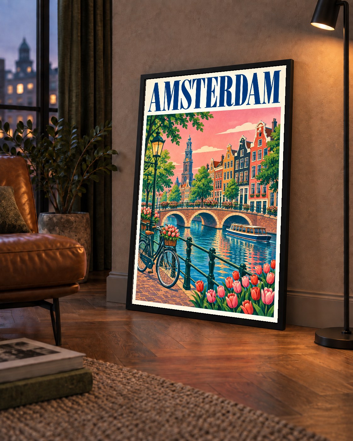 Amsterdam Kanalı ve Şehir Manzarası İllüstrasyon Poster