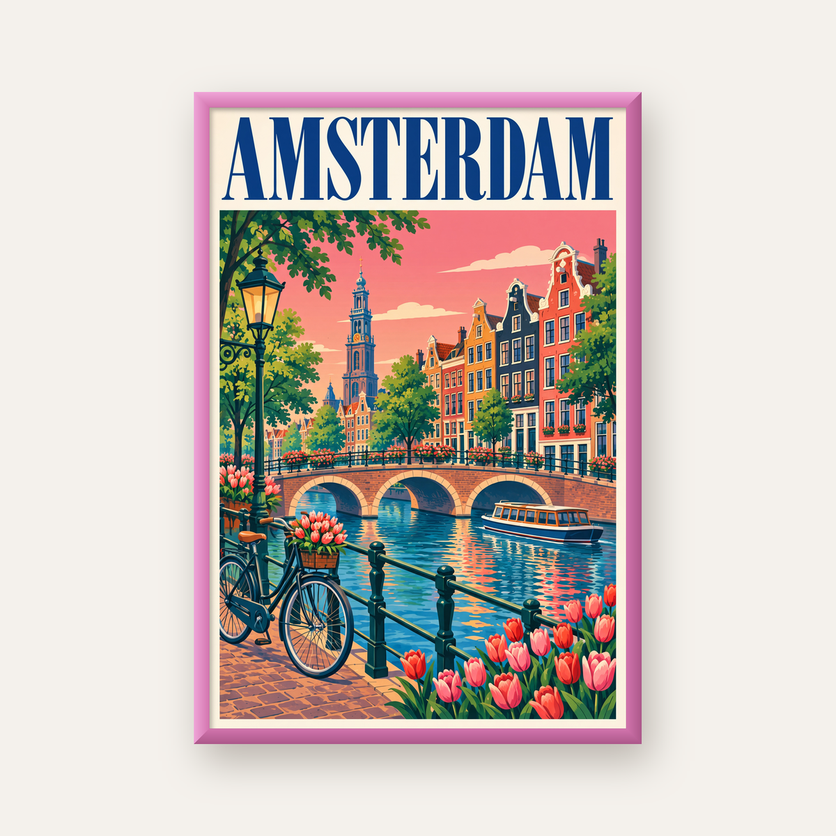 Amsterdam Kanalı ve Şehir Manzarası İllüstrasyon Poster — pembe çerçeveli