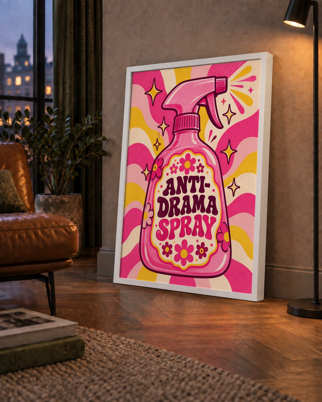 Anti-Drama Spray — çerçeveli hâliyle bir ev duvarında