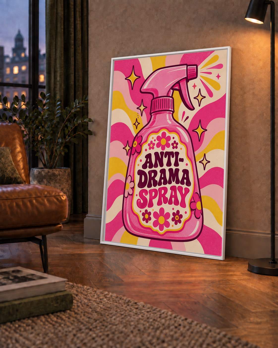 Anti-Drama Spray — çerçeveli hâliyle bir ev duvarında