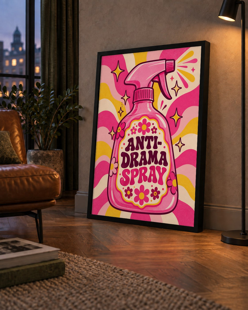 Anti-Drama Spray — çerçeveli hâliyle bir ev duvarında
