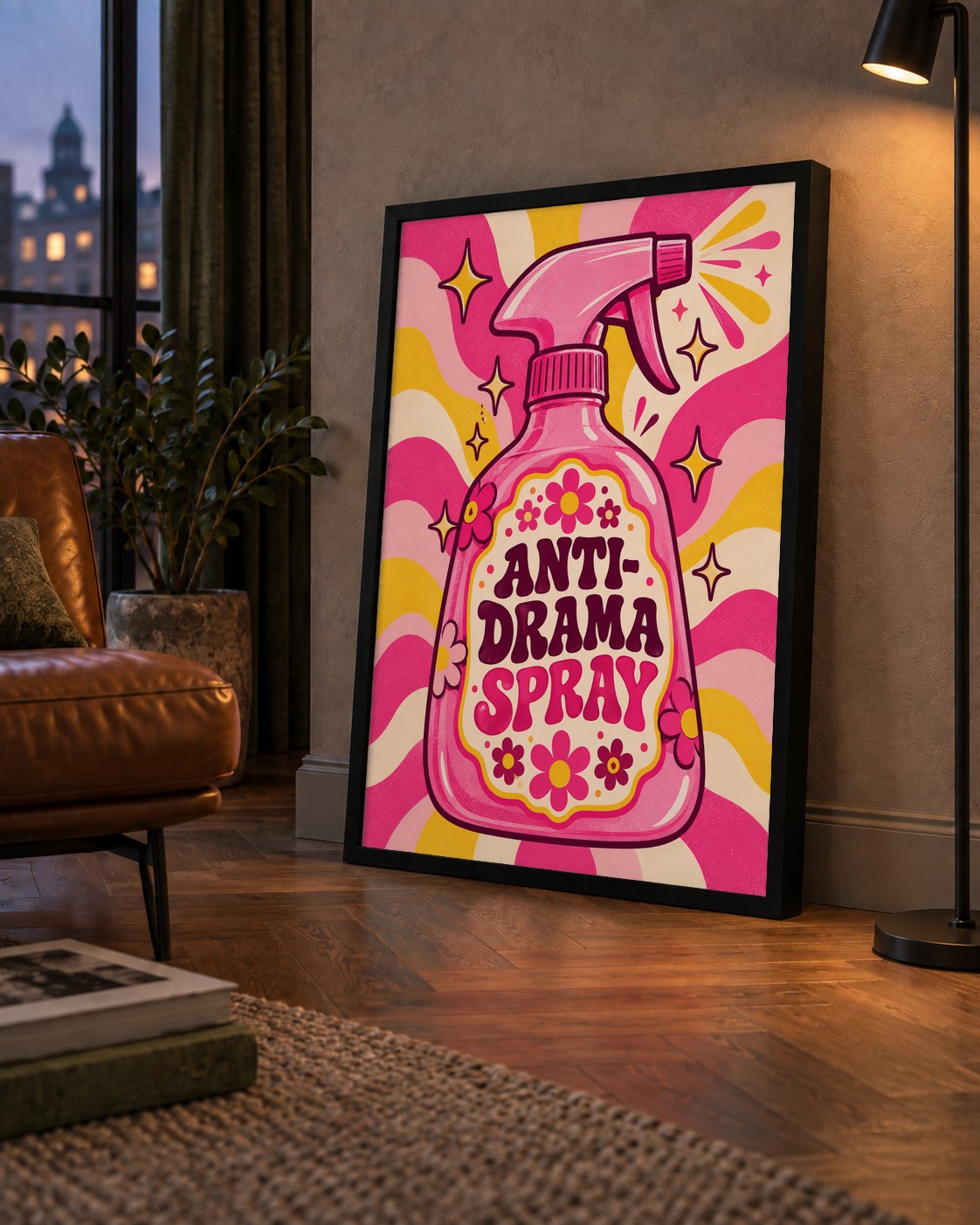 Anti-Drama Spray — çerçeveli hâliyle bir ev duvarında