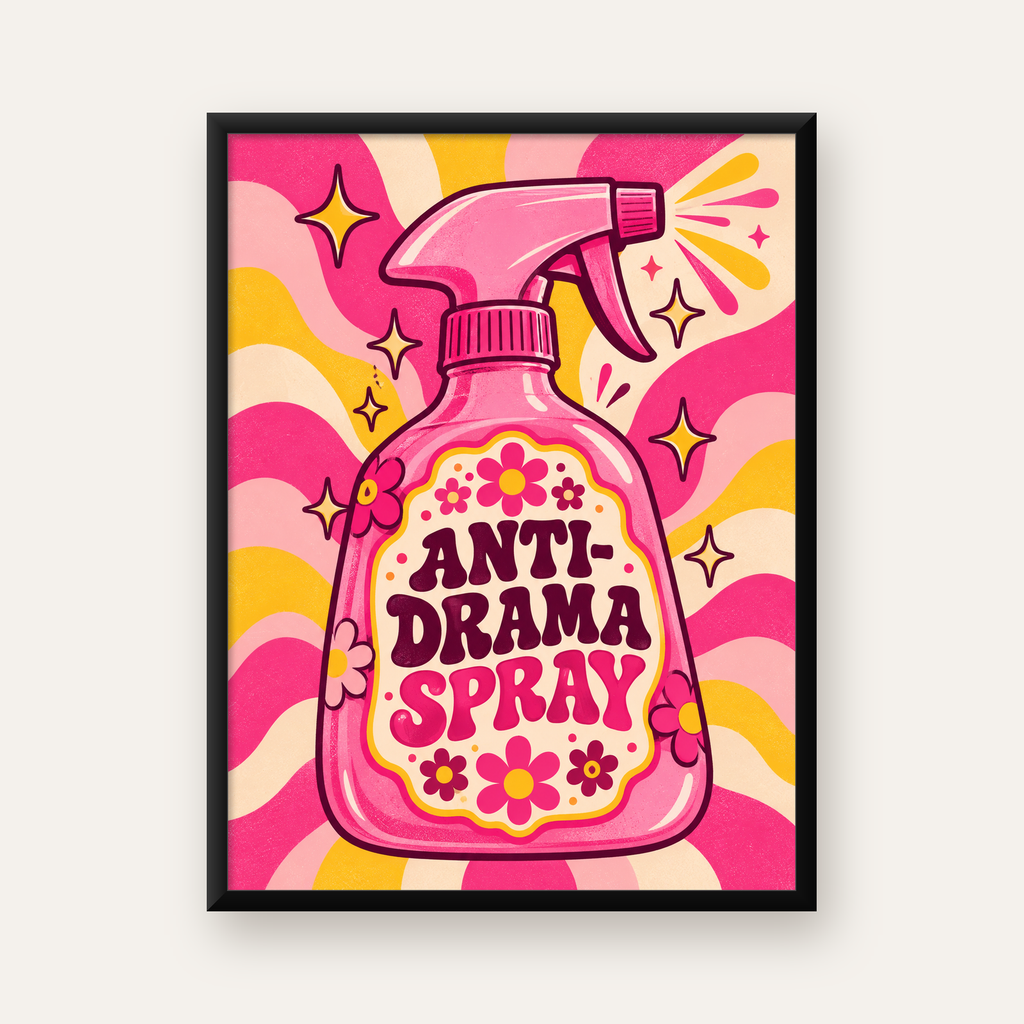 Anti-Drama Sprey Şişesi Retro Poster | Renkli Çiçekli Tasarım — Dikey baskı, düz siyah çerçeveli duvar posteri