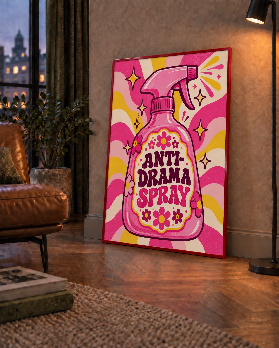 Anti-Drama Spray — çerçeveli hâliyle bir ev duvarında