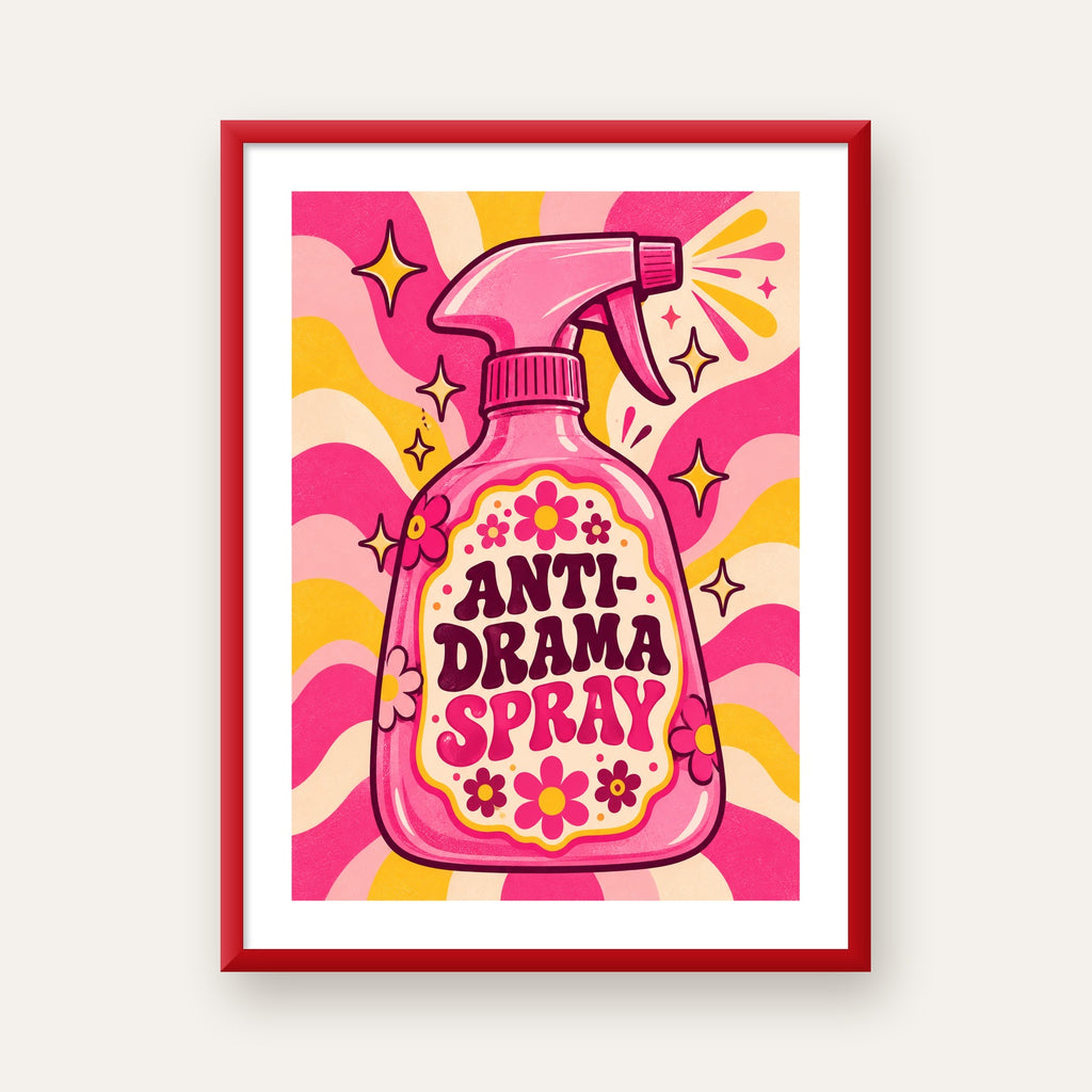 Anti-Drama Spray — kırmızı çerçeveli paspartulu