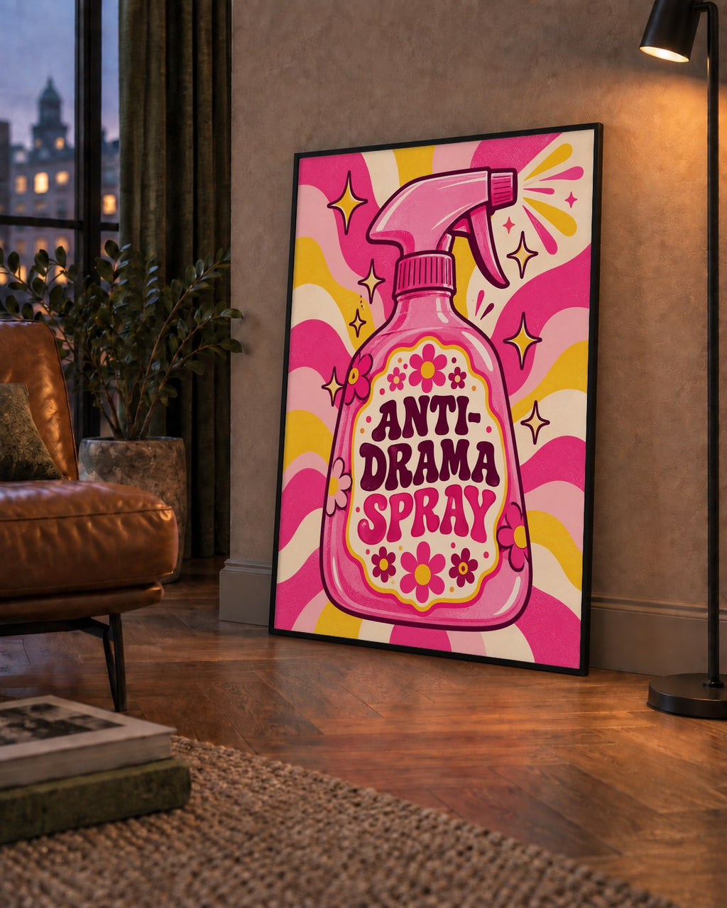 Anti-Drama Spray — çerçeveli hâliyle bir ev duvarında