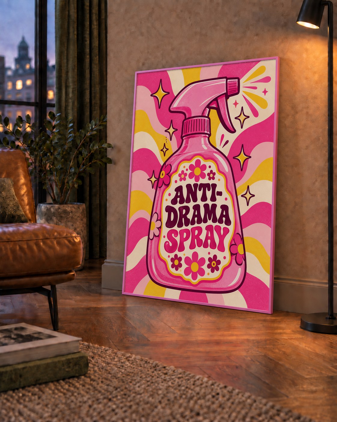 Anti-Drama Spray — çerçeveli hâliyle bir ev duvarında