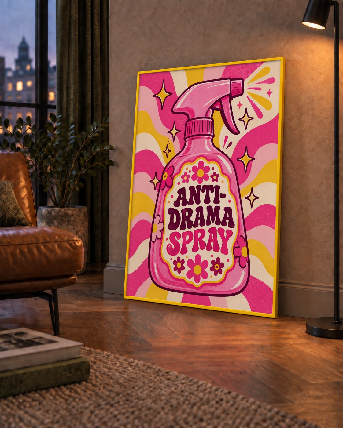 Anti-Drama Spray — çerçeveli hâliyle bir ev duvarında