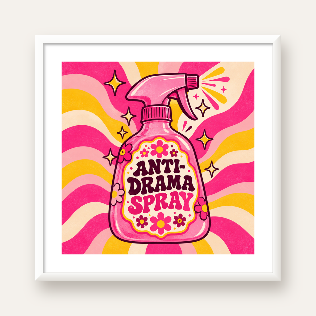 Anti-Drama Spray — beyaz çerçeveli kare poster