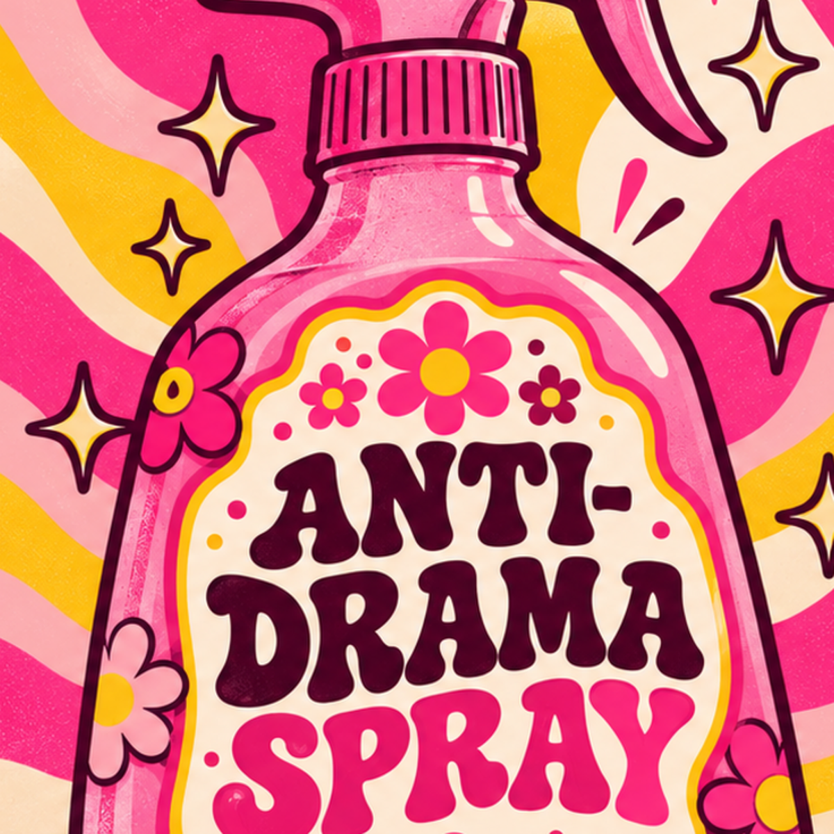 Anti-Drama Sprey Şişesi Retro Poster | Renkli Çiçekli Tasarım — baskının yakın çekimi, kâğıt dokusu ve renk detayı