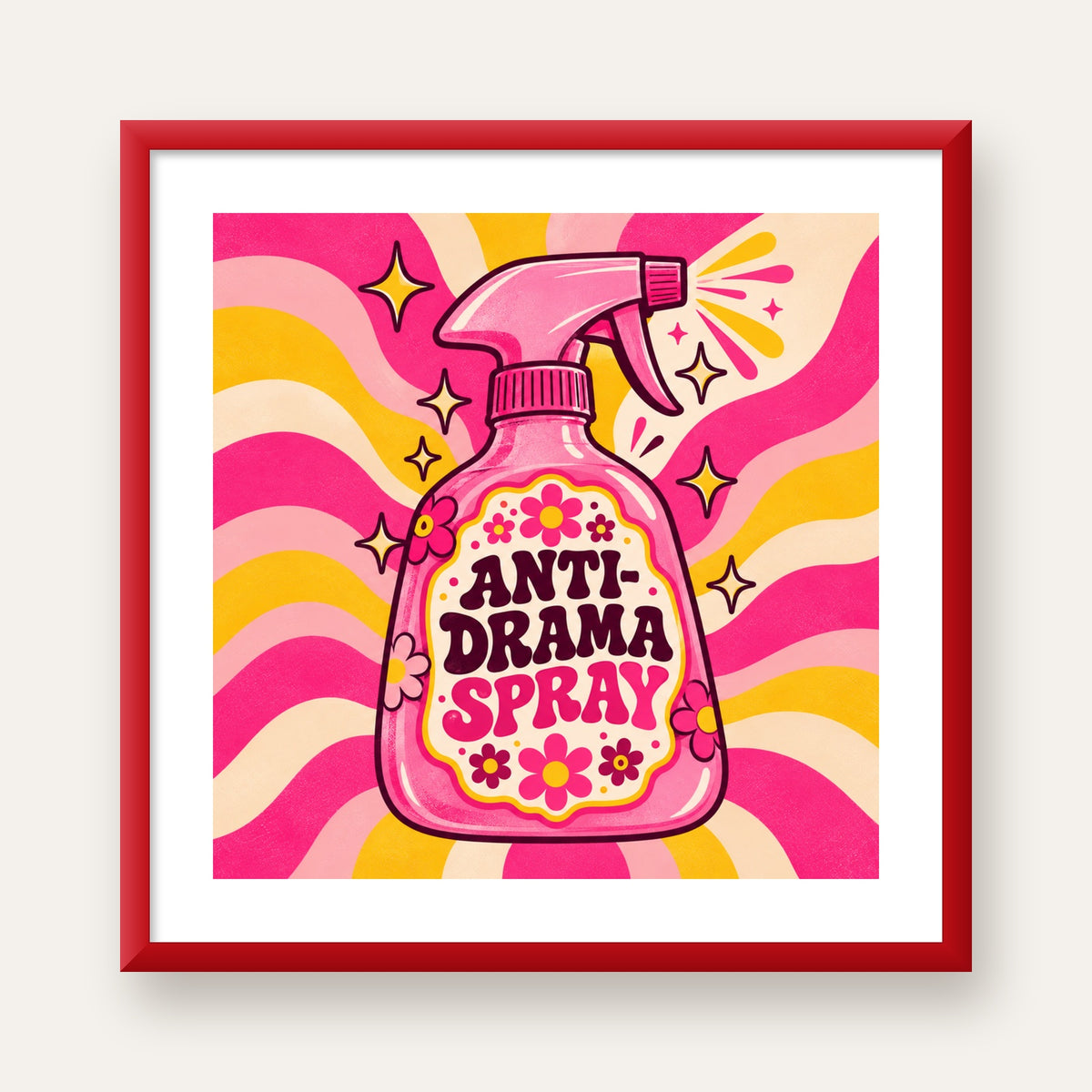 Anti-Drama Spray — kırmızı çerçeveli paspartulu