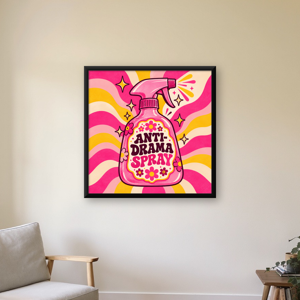 Anti-Drama Sprey Şişesi Retro Poster | Renkli Çiçekli Tasarım — Kare baskı, çerçeveli hâliyle bir ev duvarında