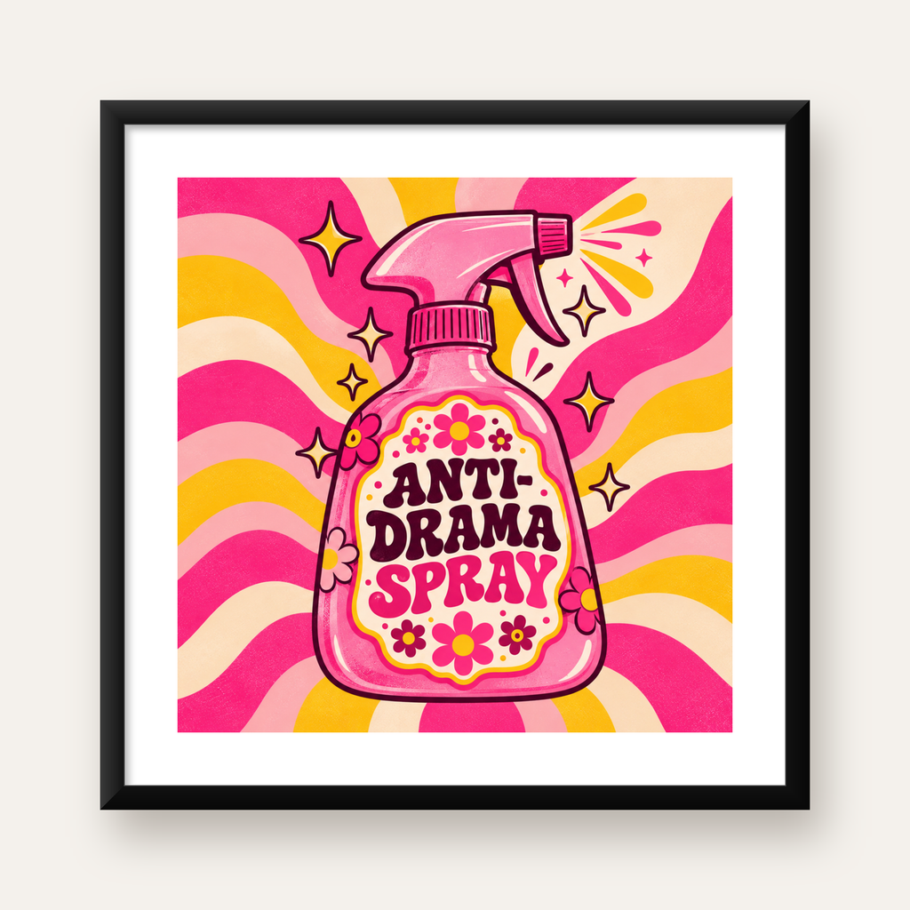 Anti-Drama Sprey Şişesi Retro Poster | Renkli Çiçekli Tasarım — Kare baskı, beyaz kenar boşluklu
