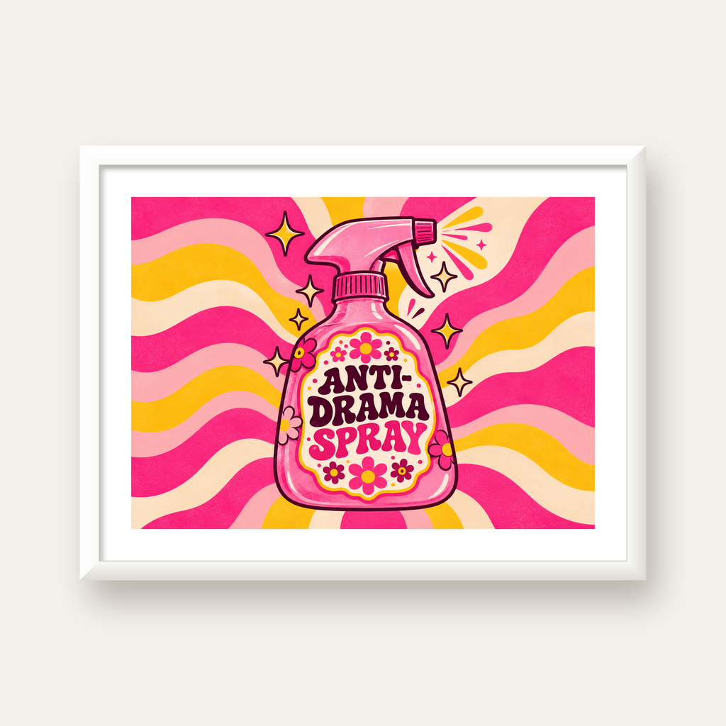 Anti-Drama Spray — beyaz çerçeveli yatay poster