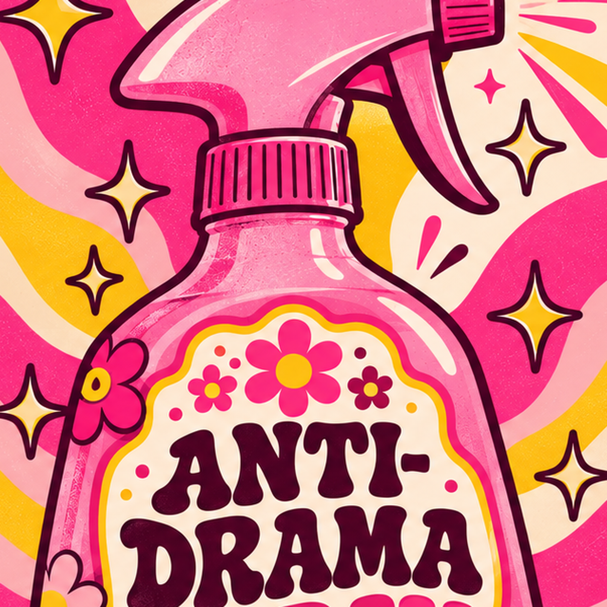Anti-Drama Sprey Şişesi Retro Poster | Renkli Çiçekli Tasarım — baskının yakın çekimi, kâğıt dokusu ve renk detayı