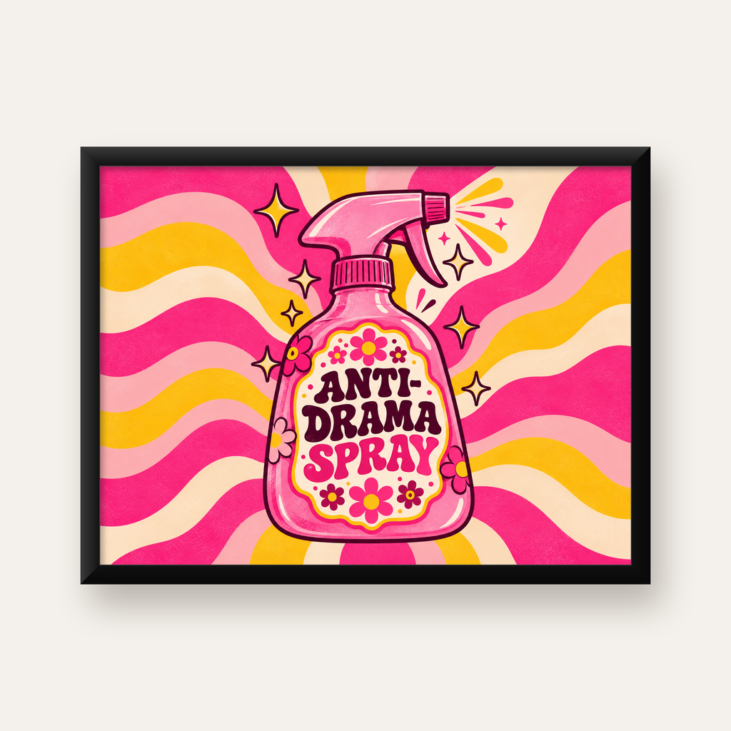 Anti-Drama Sprey Şişesi Retro Poster | Renkli Çiçekli Tasarım — Yatay baskı, düz siyah çerçeveli duvar posteri