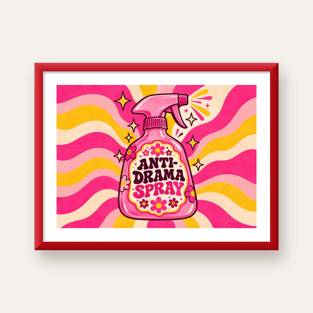 Anti-Drama Spray — kırmızı çerçeveli paspartulu