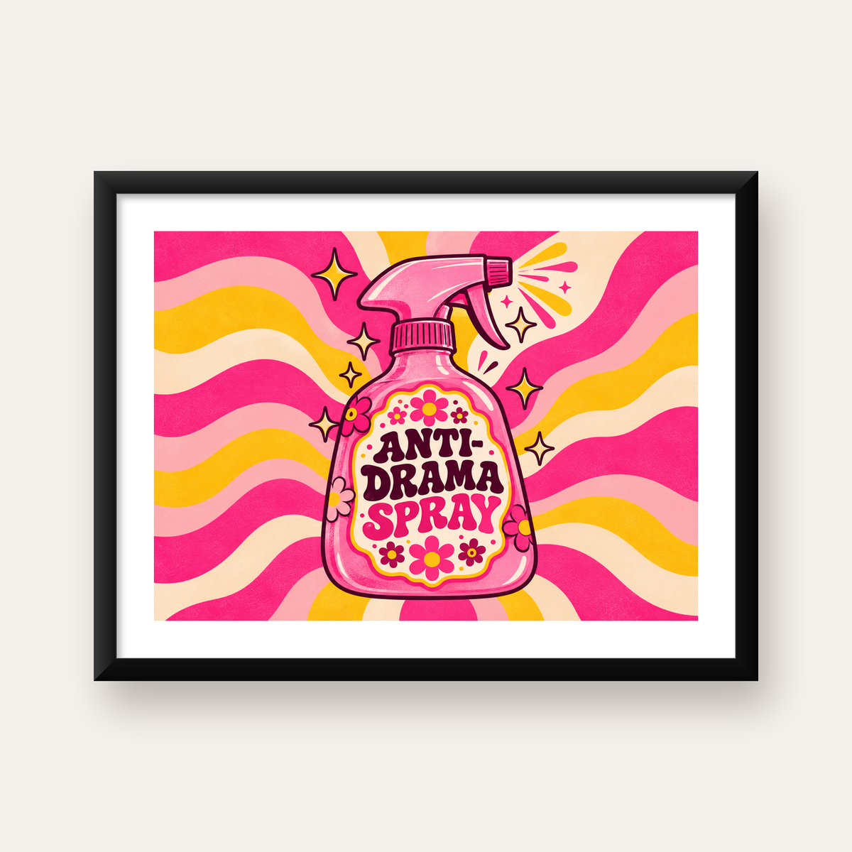 Anti-Drama Sprey Şişesi Retro Poster | Renkli Çiçekli Tasarım — Yatay baskı, beyaz kenar boşluklu