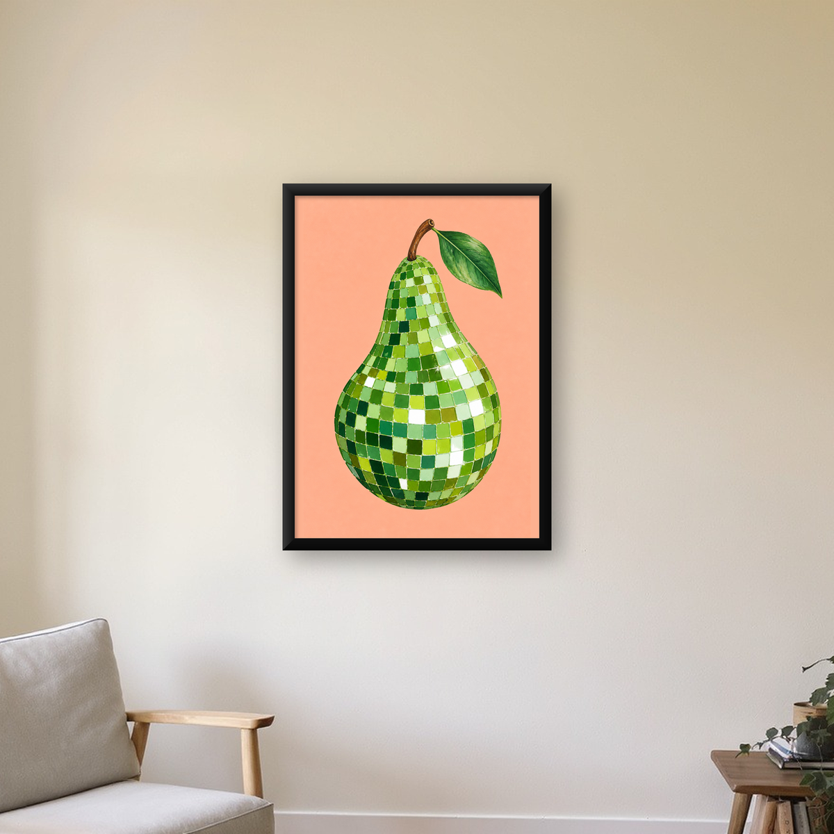 Mozaik Desenli Armut Poster – Modern ve Renkli Duvar Dekoru — Dikey baskı, çerçeveli hâliyle bir ev duvarında