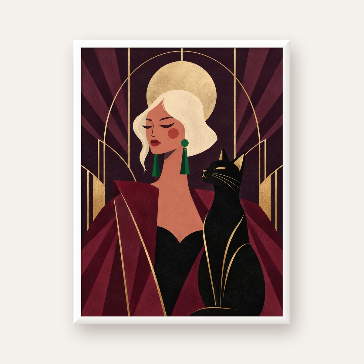 Art Deco Kadın ve Kedi Poster – Zarif Dijital Sanat Baskısı — beyaz çerçeveli dikey poster