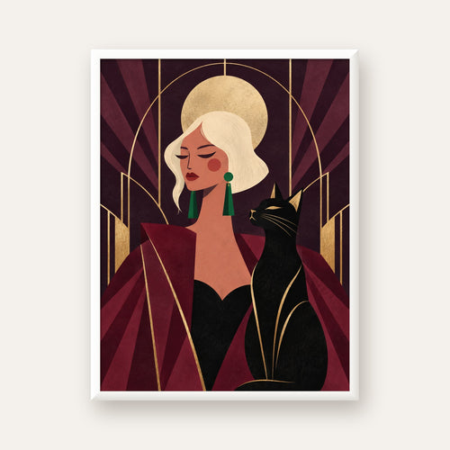 Art Deco Kadın ve Kedi Poster – Zarif Dijital Sanat Baskısı — beyaz çerçeveli dikey poster