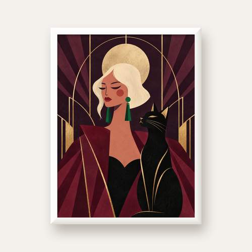Art Deco Kadın ve Kedi Poster – Zarif Dijital Sanat Baskısı — beyaz çerçeveli dikey poster