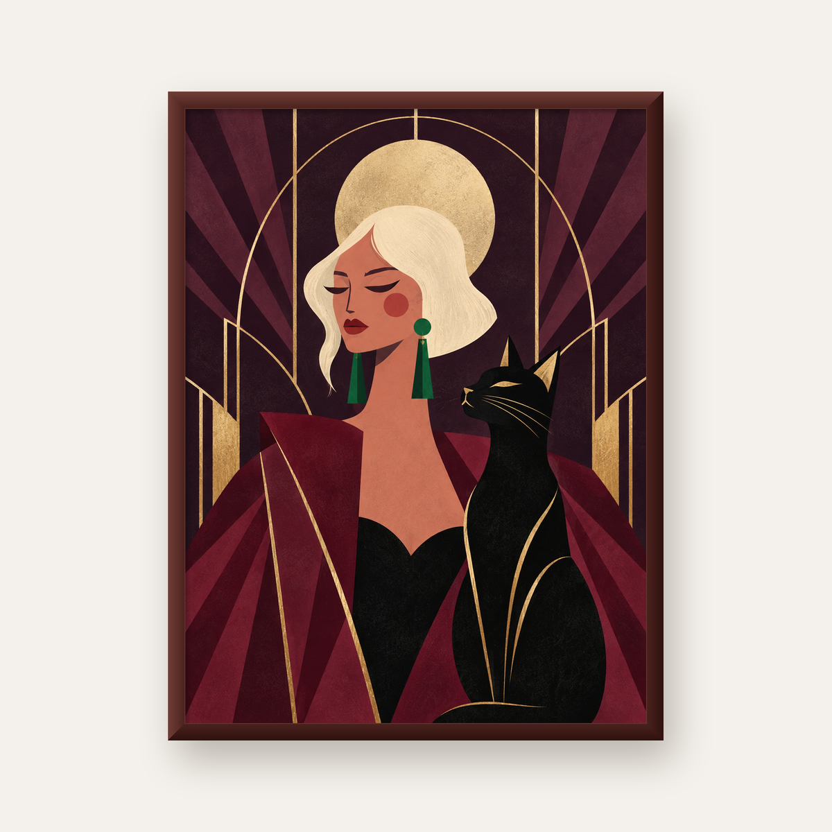 Art Deco Kadın ve Kedi Poster – Zarif Dijital Sanat Baskısı — ceviz çerçeveli