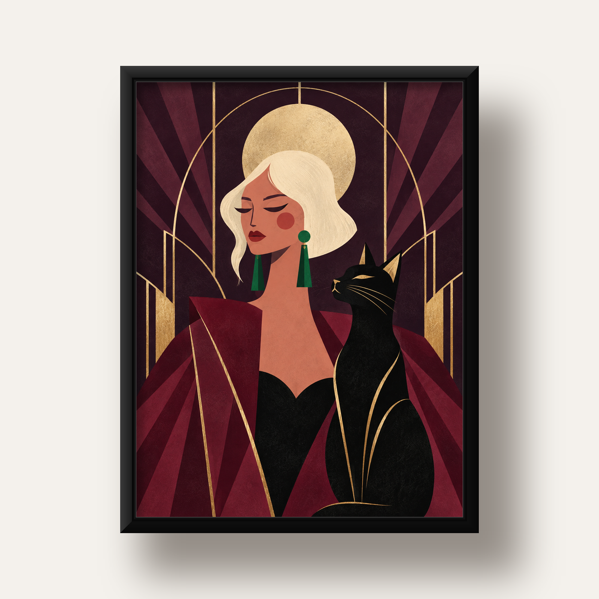 Art Deco Kadın ve Kedi Poster – Zarif Dijital Sanat Baskısı — siyah derin çerçeveli