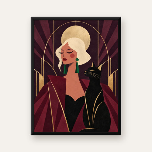 Art Deco Kadın ve Kedi Poster – Zarif Dijital Sanat Baskısı — Dikey baskı, düz siyah çerçeveli duvar posteri