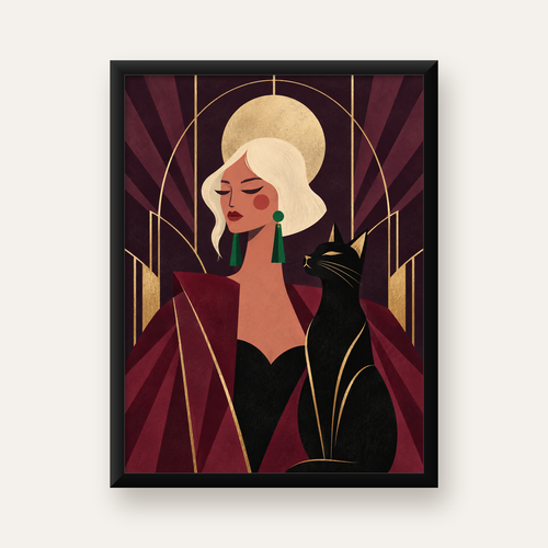 Art Deco Kadın ve Kedi Poster – Zarif Dijital Sanat Baskısı — Dikey baskı, düz siyah çerçeveli duvar posteri