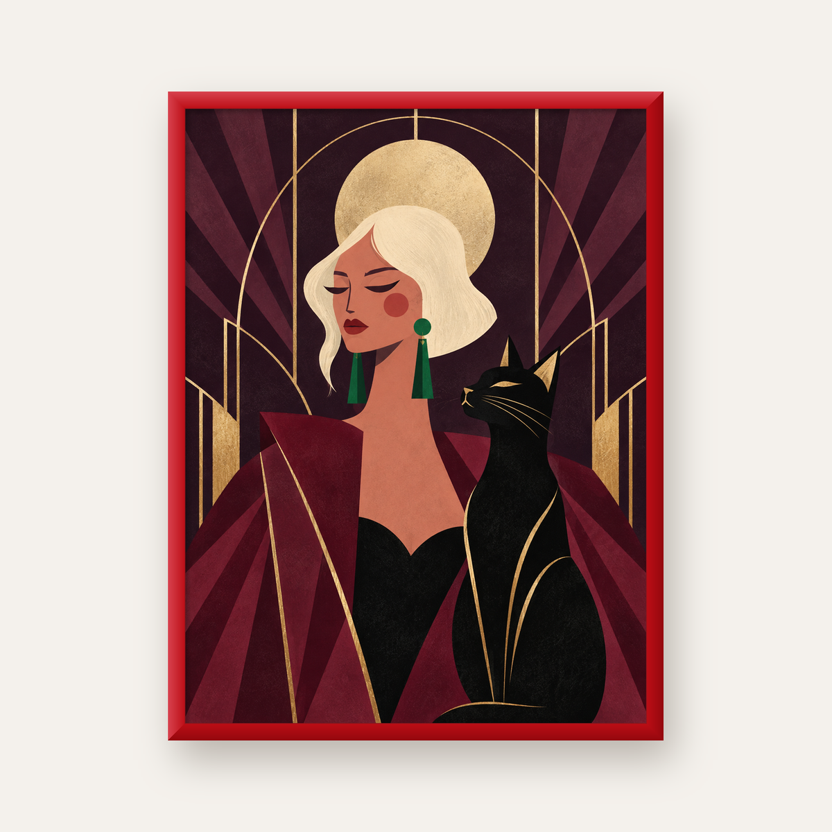 Art Deco Kadın ve Kedi Poster – Zarif Dijital Sanat Baskısı — kırmızı çerçeveli