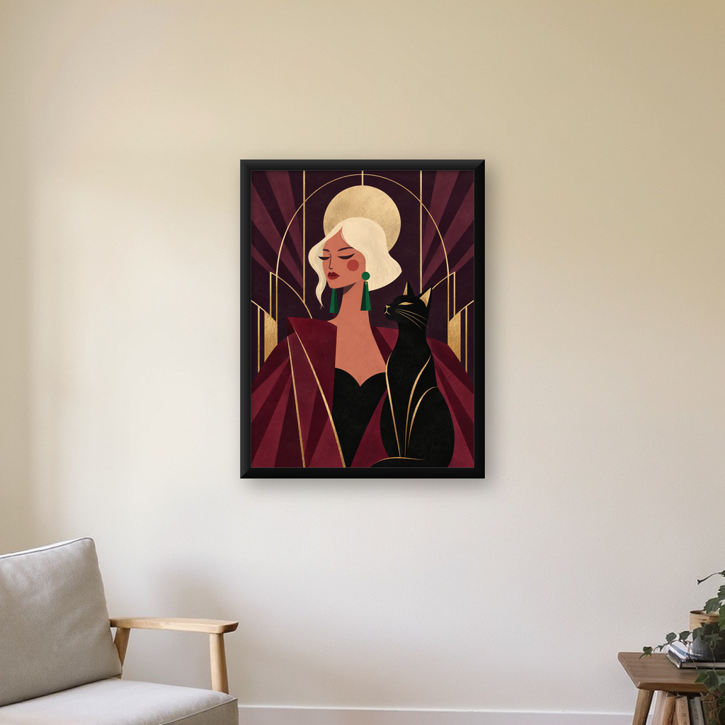 Art Deco Kadın ve Kedi Poster – Zarif Dijital Sanat Baskısı — Dikey baskı, çerçeveli hâliyle bir ev duvarında
