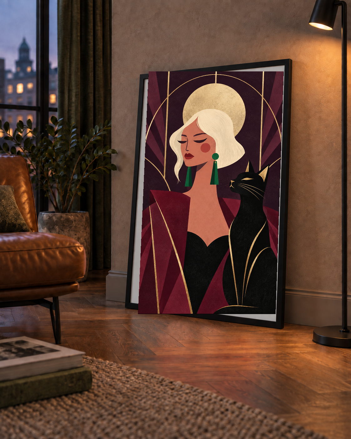 Art Deco Kadın ve Kedi Poster – Zarif Dijital Sanat Baskısı