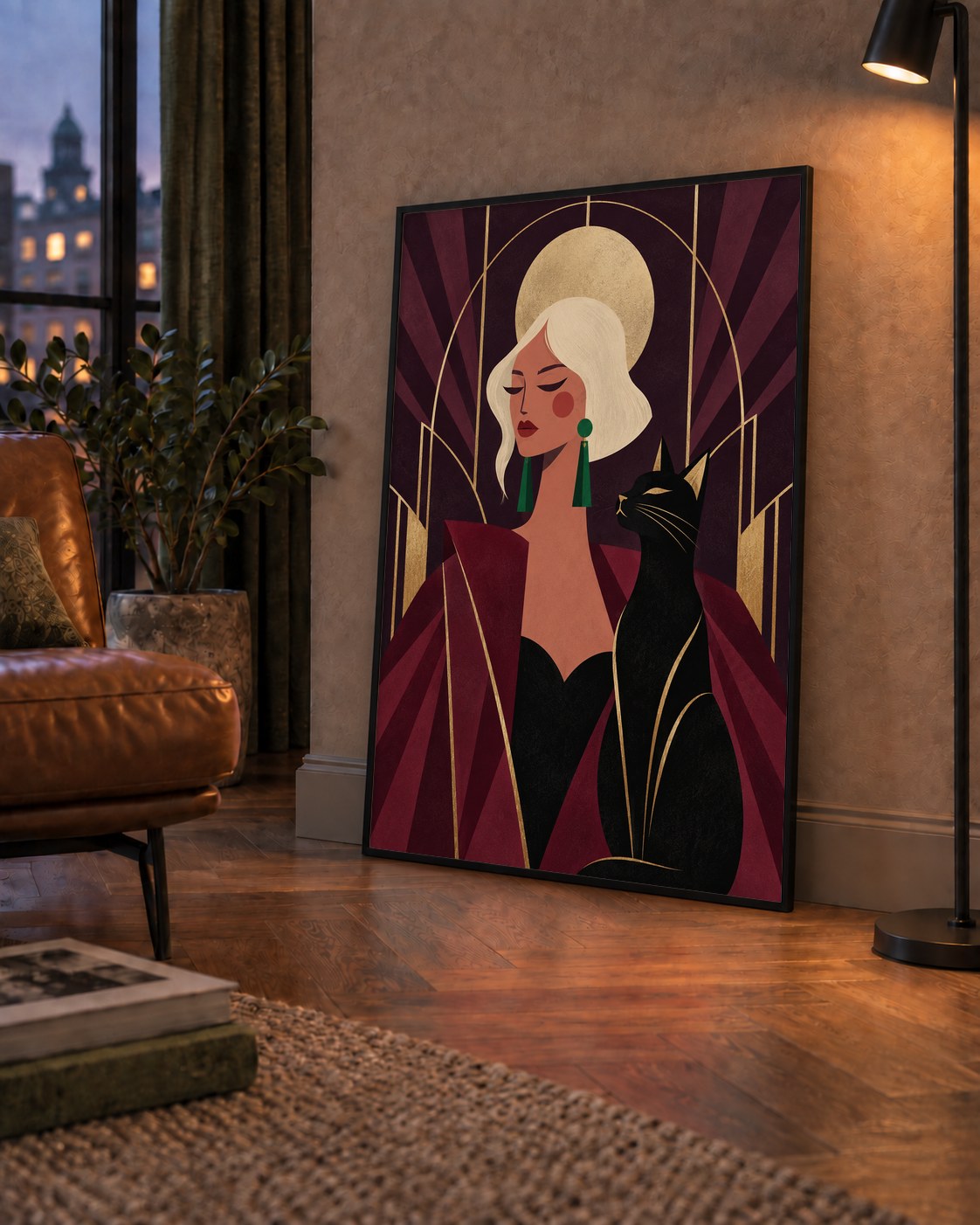 Art Deco Kadın ve Kedi Poster – Zarif Dijital Sanat Baskısı — çerçeveli hâliyle bir ev duvarında