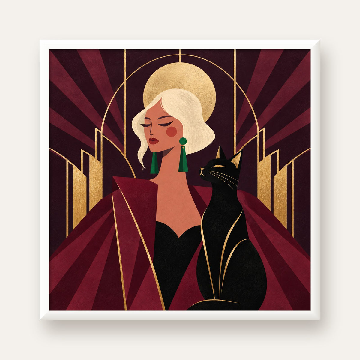 Art Deco Kadın ve Kedi Poster – Zarif Dijital Sanat Baskısı — beyaz çerçeveli kare poster