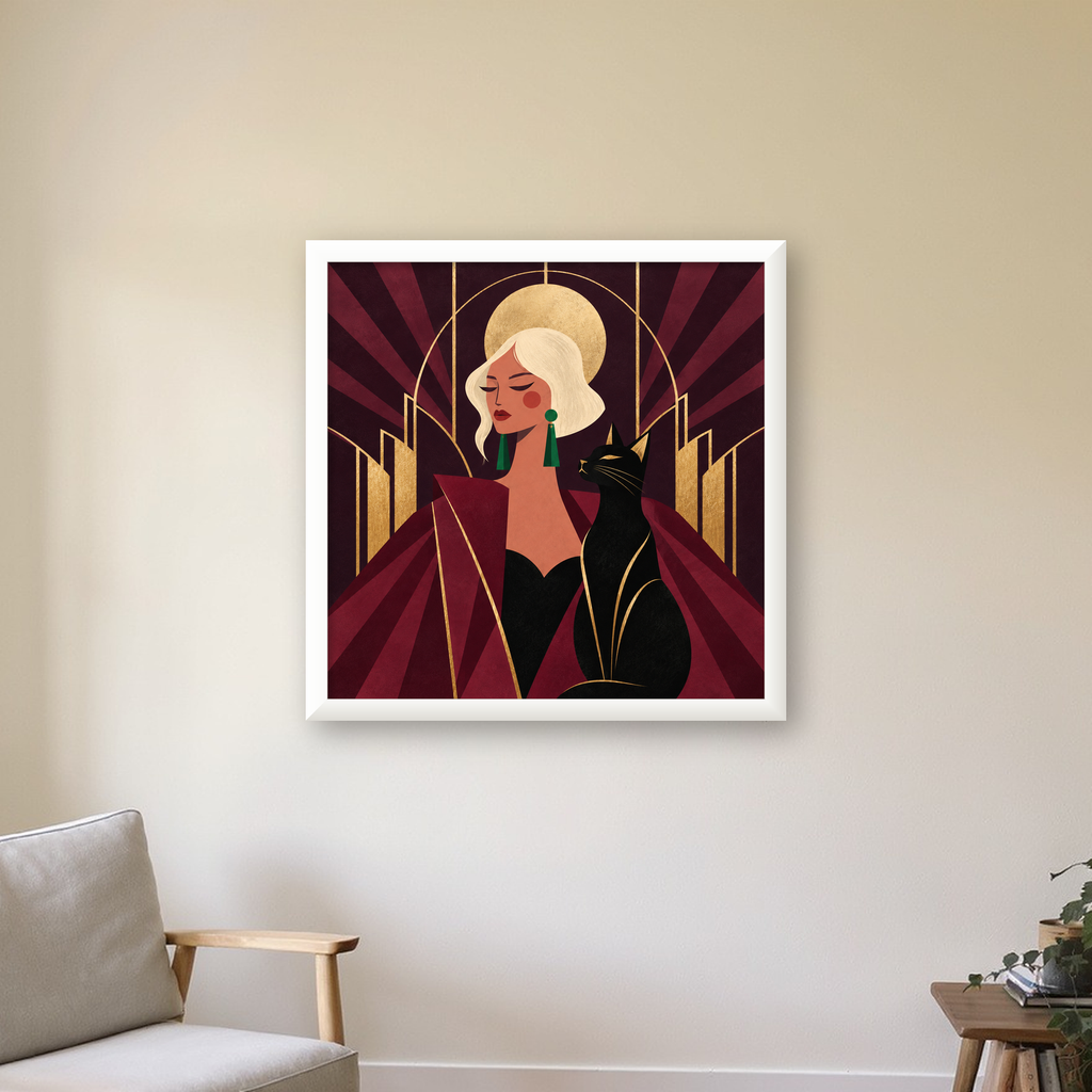 Art Deco Kadın ve Kedi Poster – Zarif Dijital Sanat Baskısı — beyaz çerçeveli kare poster