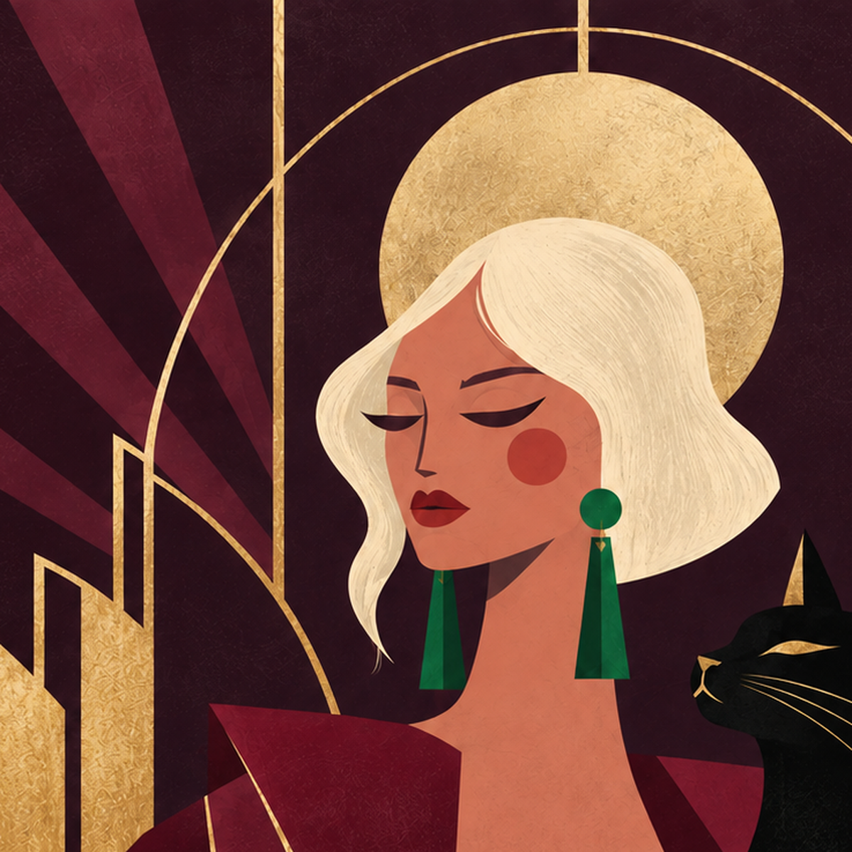 Art Deco Kadın ve Kedi Poster – Zarif Dijital Sanat Baskısı — baskının yakın çekimi, kâğıt dokusu ve renk detayı
