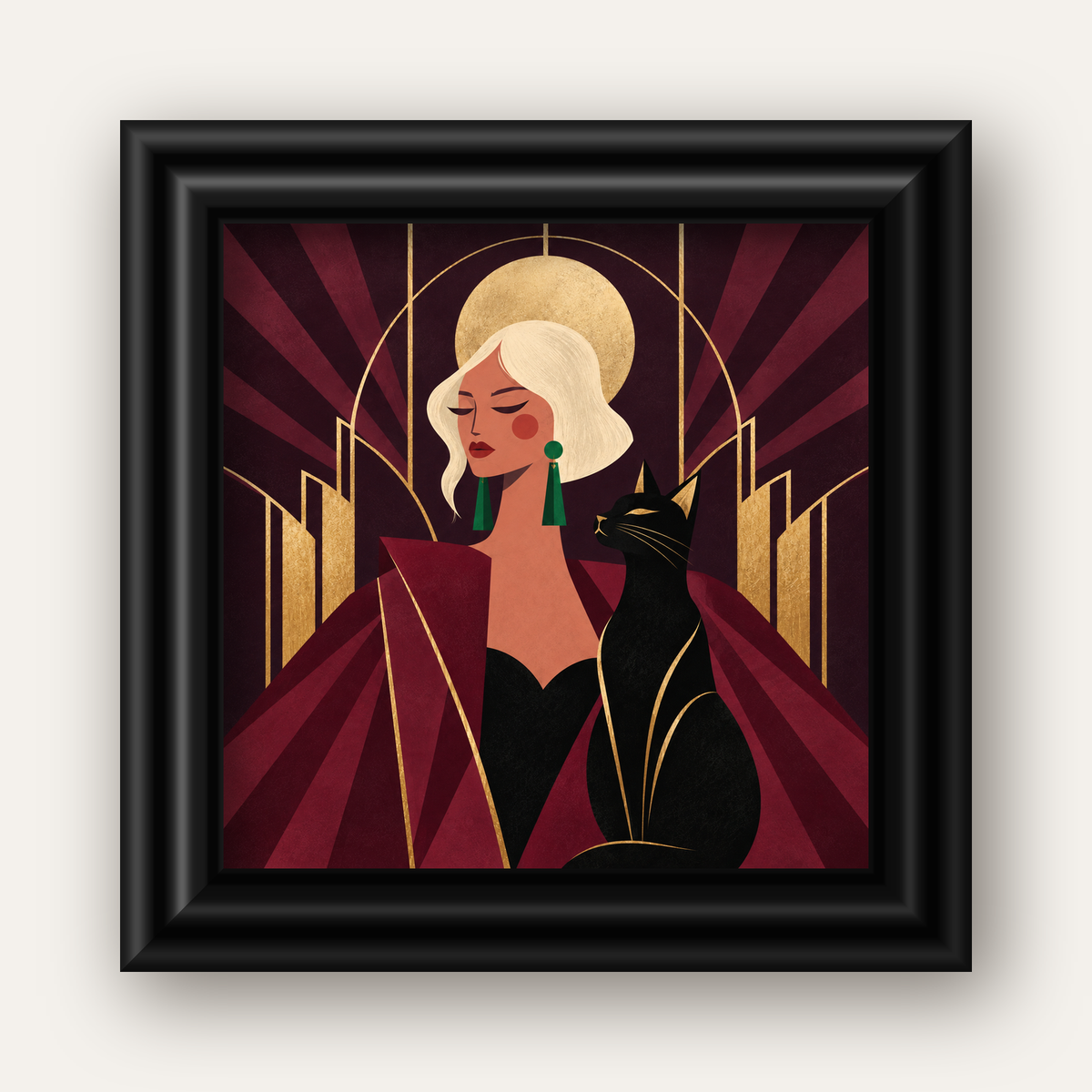 Art Deco Kadın ve Kedi Poster – Zarif Dijital Sanat Baskısı — siyah galeri çerçeveli